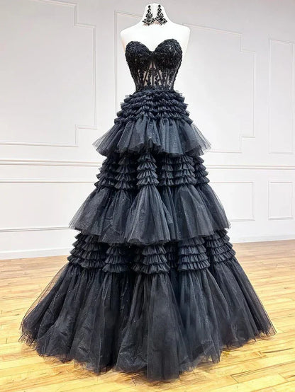 omberprom Fashion A-Line Evening Dress Sweetheart Tiered Long Tulle Prom Dress Charming Evening Party Dress