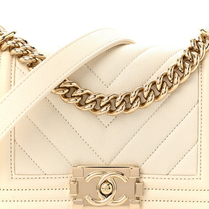 Caviar Chevron Quilted Small Boy Flap White