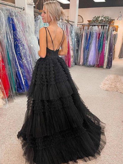 omberprom Fashion Black Evening Dress V Neck Asymmetrical Tulle Long Prom Dress