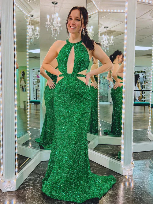 omberprom Fashion Cutout Mermaid Evening Dress Green Backless Long Prom Dress