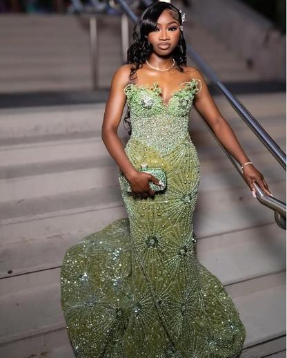 Green Mermaid Long Evening Gown Shinny Prom Dress