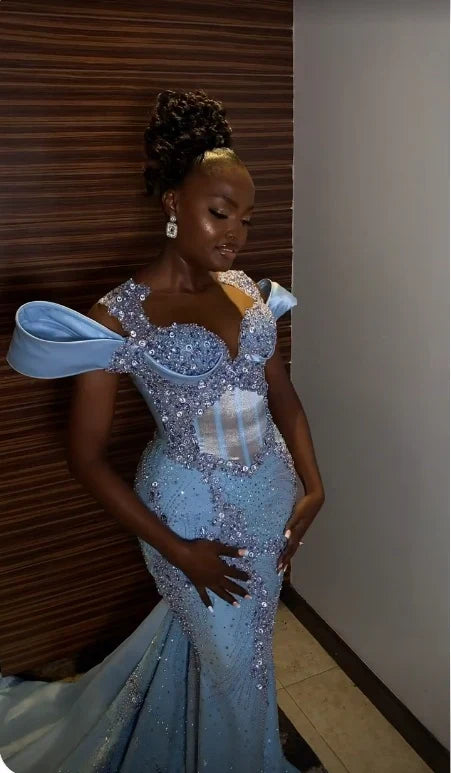 Gorgeous Sky Blue Beaded Prom Dress Long Sweetheart Evening Dress Mermaid Formal Dress TP4581