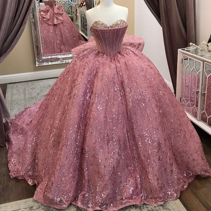 Pink Sequined Ball Gown Quinceanera Off The Shoulder Corset Lace Beads Crystal Sweet 16 Dress
