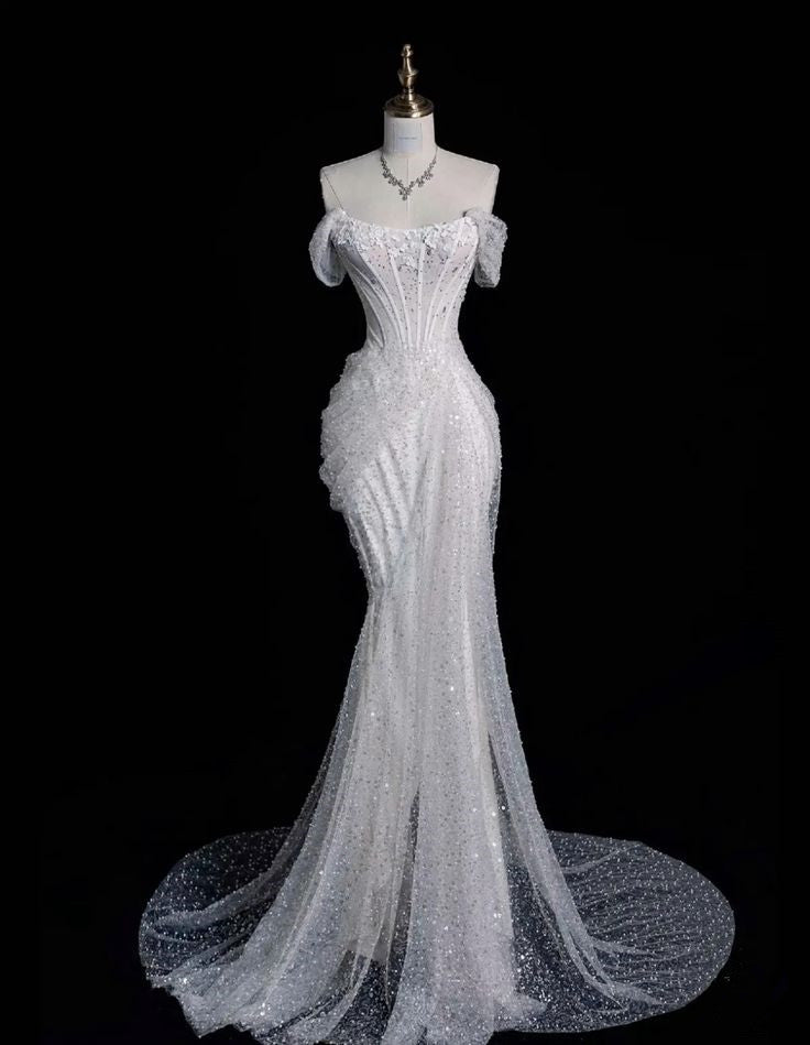 Elegant Mermaid Off The Shoulder Sequin Long White Wedding Dresses     S6566