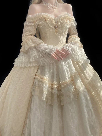 Gorgeous Ivory Sweetheart Lace Off-the-shoulder Long-sleeve A-Line Wedding Dress Ball Gown Prom Dress Evening Dress TP4593