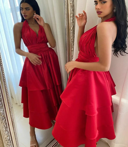 Elegant Short Satin Halter Evening Dresses Muslim Backless A Line Red Dress Formal Dress Pleated Tea Length Gowns