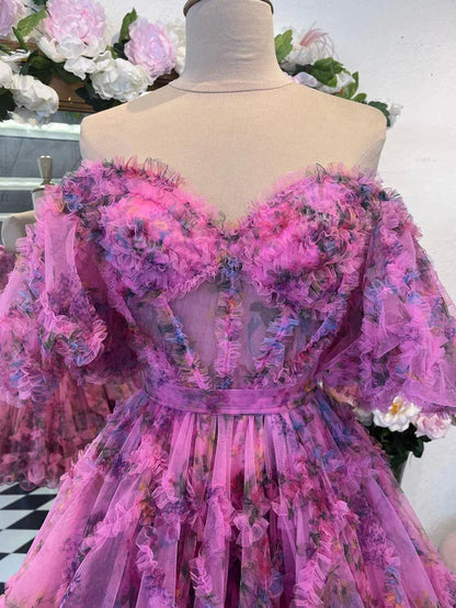 omberprom Sweetheart A Line Off the Shoulder Floral Printed Homecoming Dress Short Summer Holiday Dress