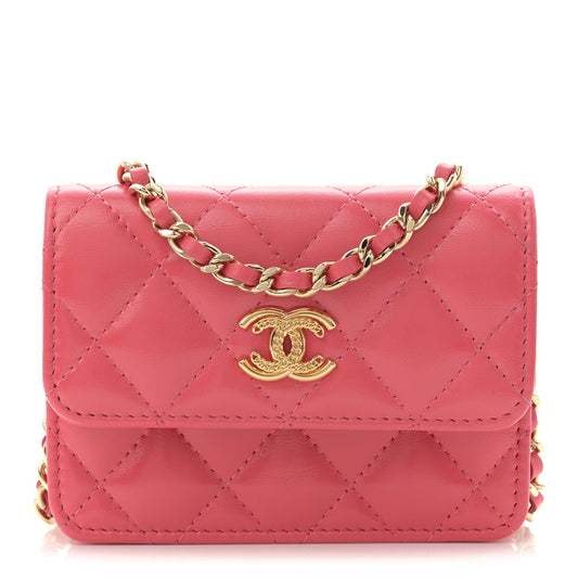 Shiny Lambskin Quilted Card Holder On Chain Pink