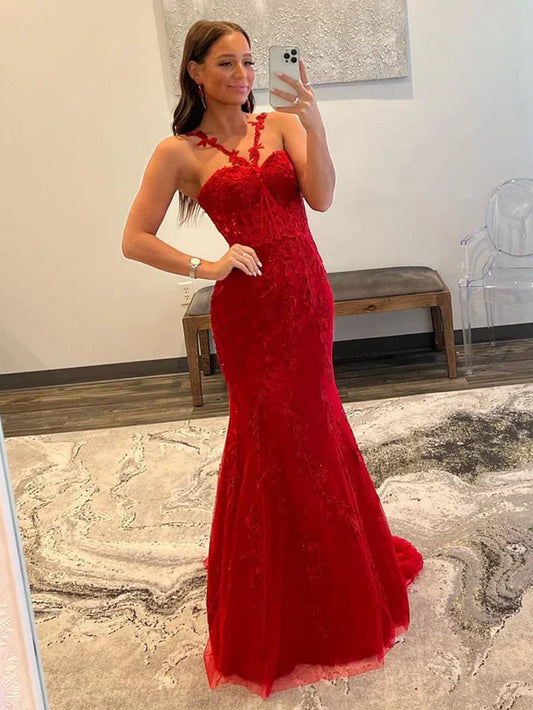 omberprom Red Mermaid Evening Dress Halter Lace Mermaid Long Prom Dress