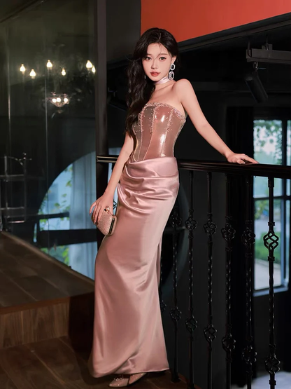 Sexy Rose Gold Party Dresses 2024 Strapless Beading Sleeveless Floor Length Evening Gown
