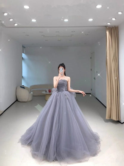 Strapless Prom Dresses A Line Tulle Long Evening Prom Dress      S6433
