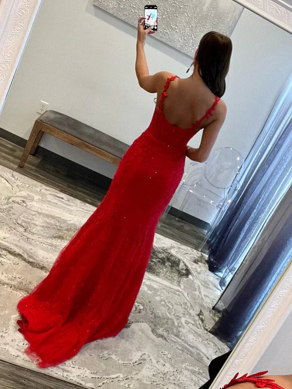 omberprom Red Mermaid Evening Dress Halter Lace Mermaid Long Prom Dress