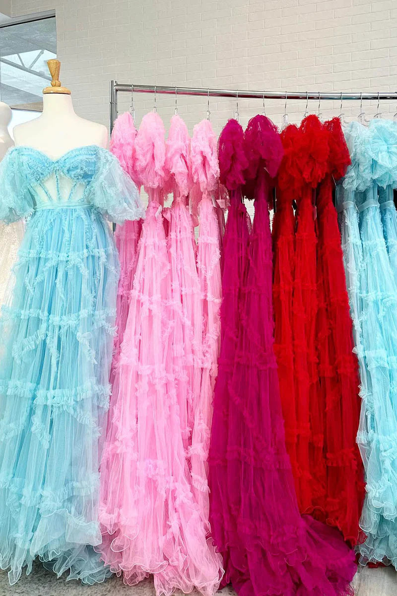 Off The Shoulder Pink Tulle Puffy A-Line Evening Prom Dress