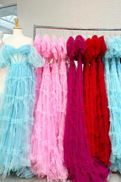 Off The Shoulder Pink Tulle Puffy A-Line Evening Prom Dress