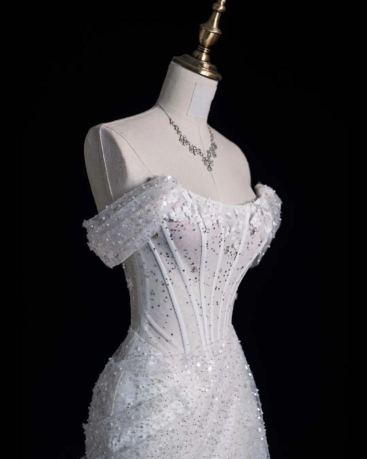 Elegant Mermaid Off The Shoulder Sequin Long White Wedding Dresses     S6566