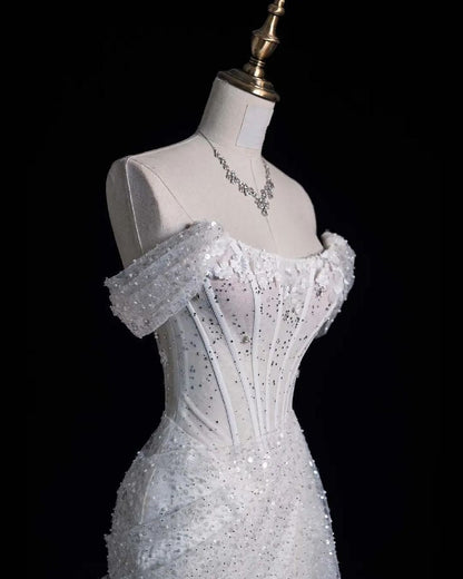 Elegant Mermaid Off The Shoulder Sequin Long White Wedding Dresses     S6566
