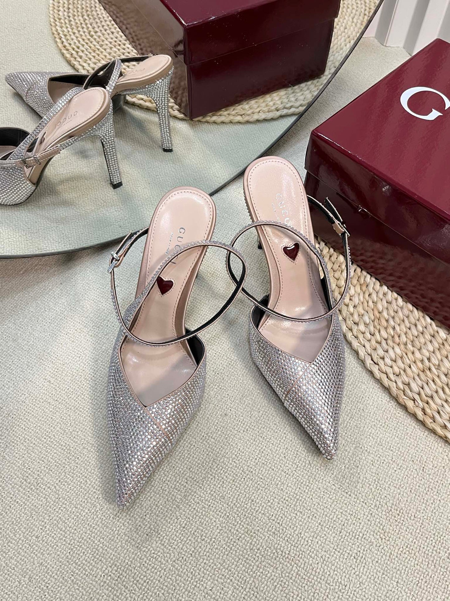 HIGH SLINGBACK 10 CM IN BEIGE SILK WITH FULL RHINSTONES