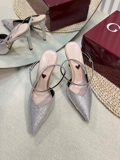 HIGH SLINGBACK 10 CM IN BEIGE SILK WITH FULL RHINSTONES