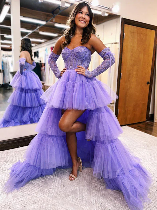 omberprom Elegant A-Line Evening Dress Asymmetrical Strapless Tiered Tulle Prom Dress