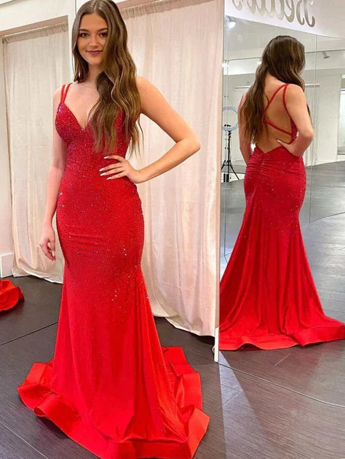 omberprom Elegant Mermaid Evening Dress V Neck Beaded Jersey Prom Dress