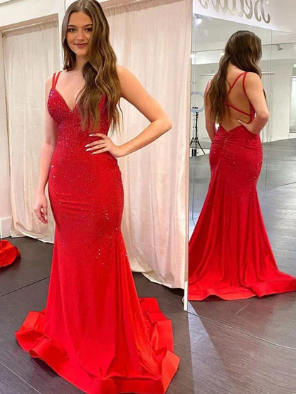 omberprom Elegant Mermaid Evening Dress V Neck Beaded Jersey Prom Dress