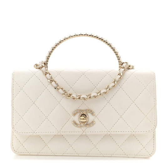 Lambskin Quilted Crystal Top Handle Rectangular Flap White