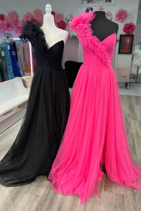 omberprom Elegant A-Line One Shoulder Long Tulle Prom Dress with Ruffles