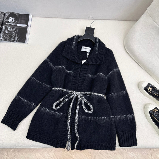 CC Mohair Wool Fluffy Black and White Belt Cardigan