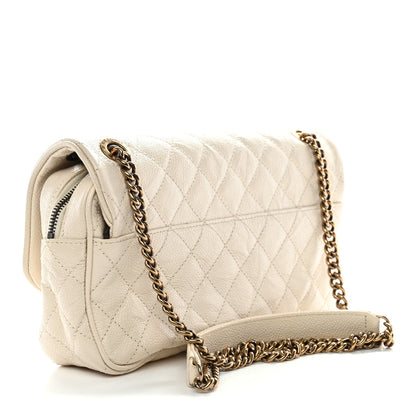 Crumpled Grained Calfskin Quilted Small Shiva Flap Beige