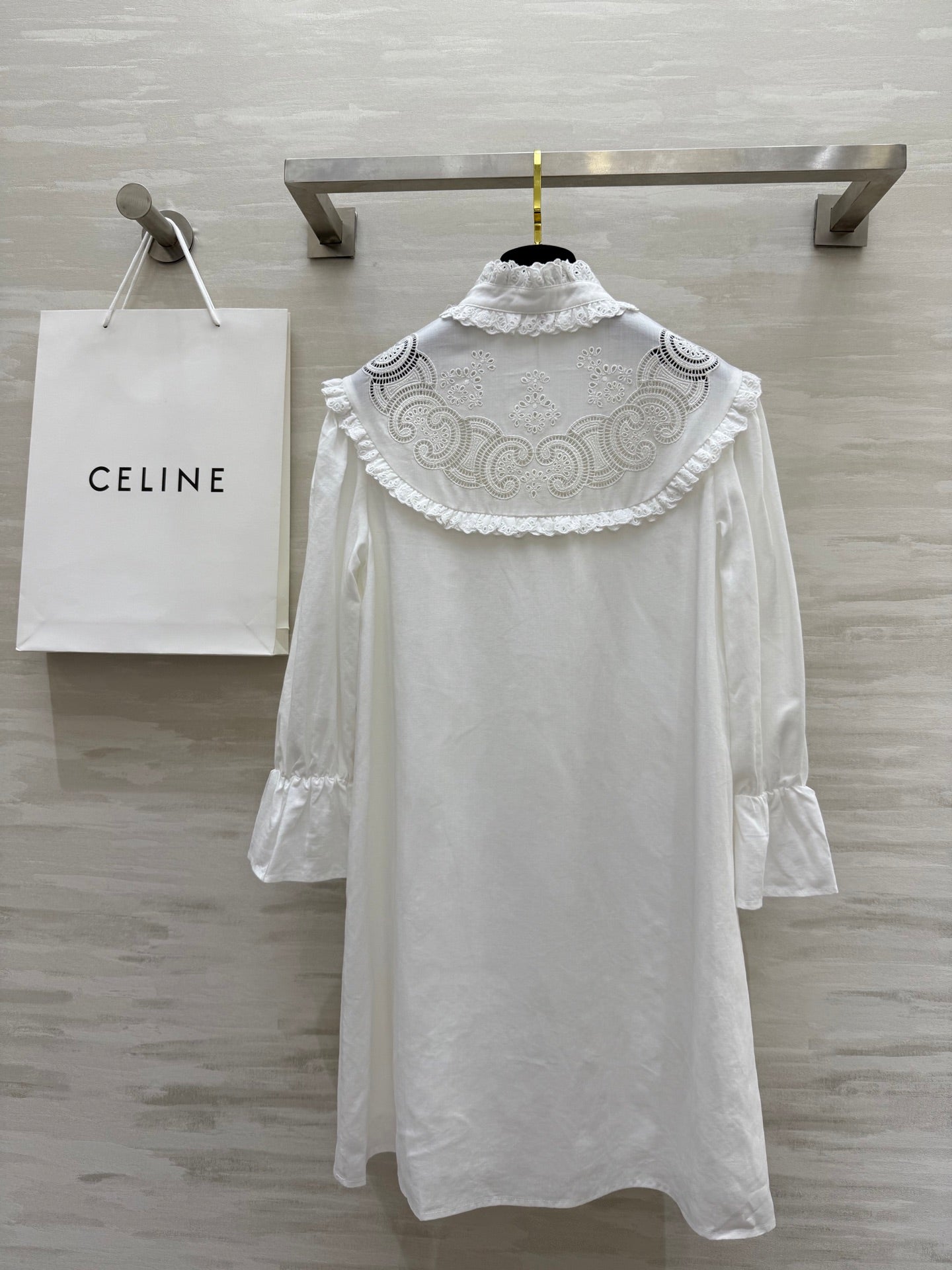Celine 25 Long sleeve embroidered shirt dress White Cotton