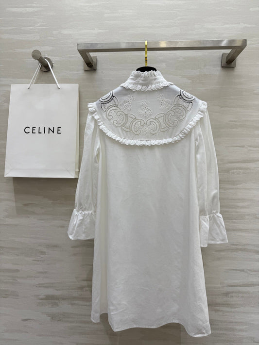 Celine 25 Long sleeve embroidered shirt dress White Cotton