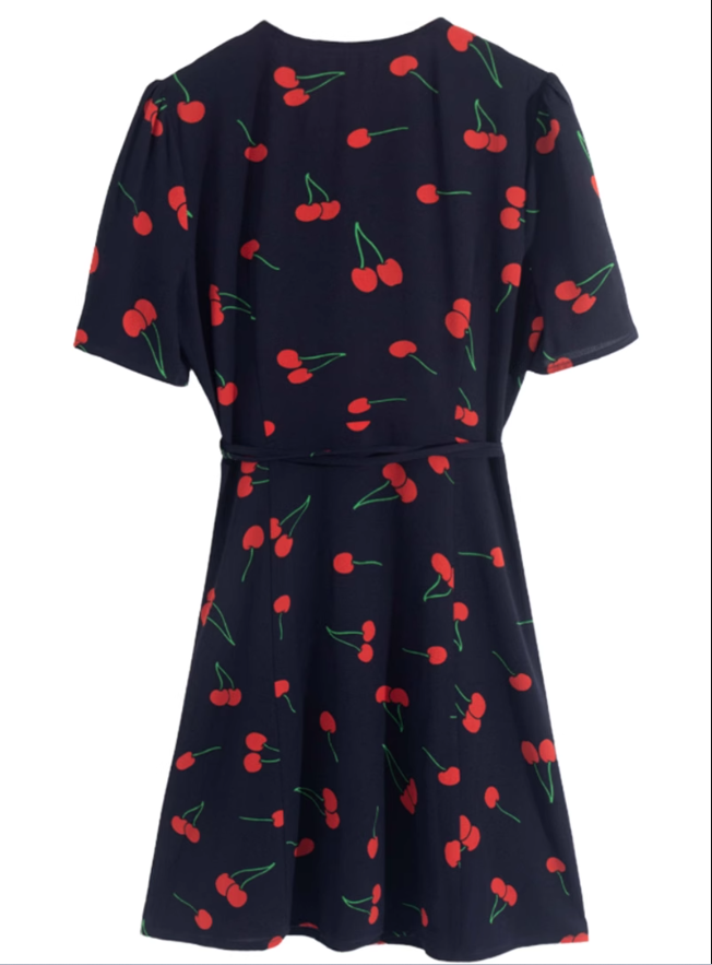 2025 Summer New French Retro V-neck Black Cherry Floral Wrap Dress R0939