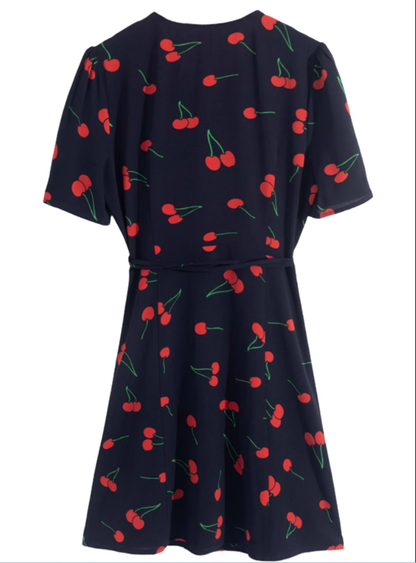 2025 Summer New French Retro V-neck Black Cherry Floral Wrap Dress R0939