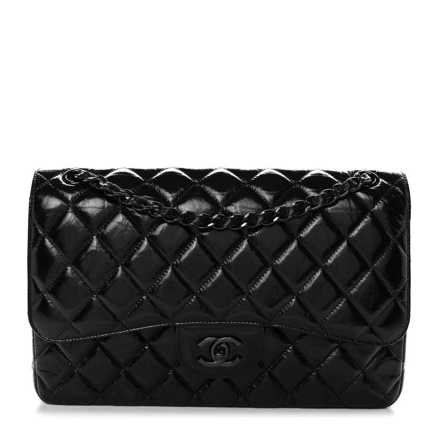 Shiny Distressed Calfskin Quilted Jumbo Double Flap So Black