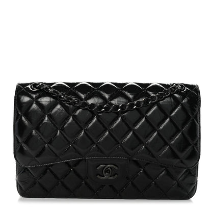 Shiny Distressed Calfskin Quilted Jumbo Double Flap So Black
