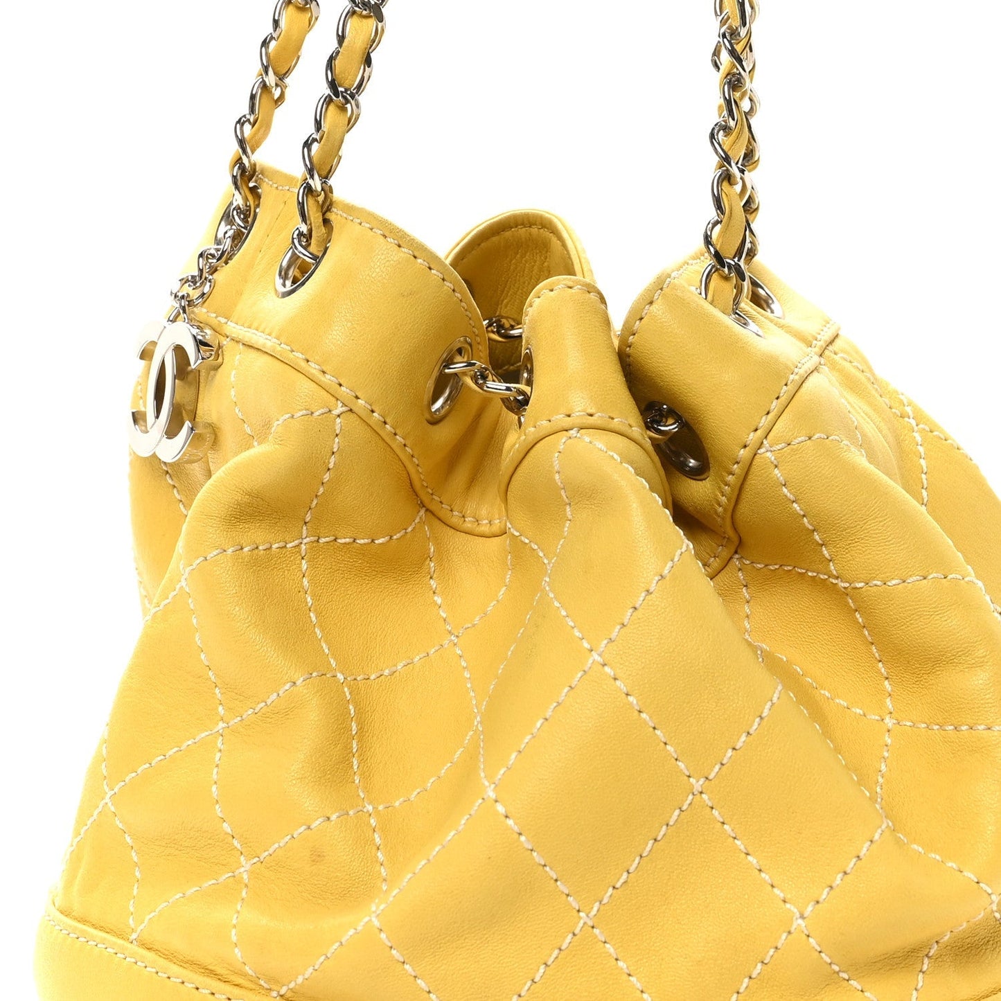Calfskin Contrast Stitch Surpique Bucket Bag Yellow