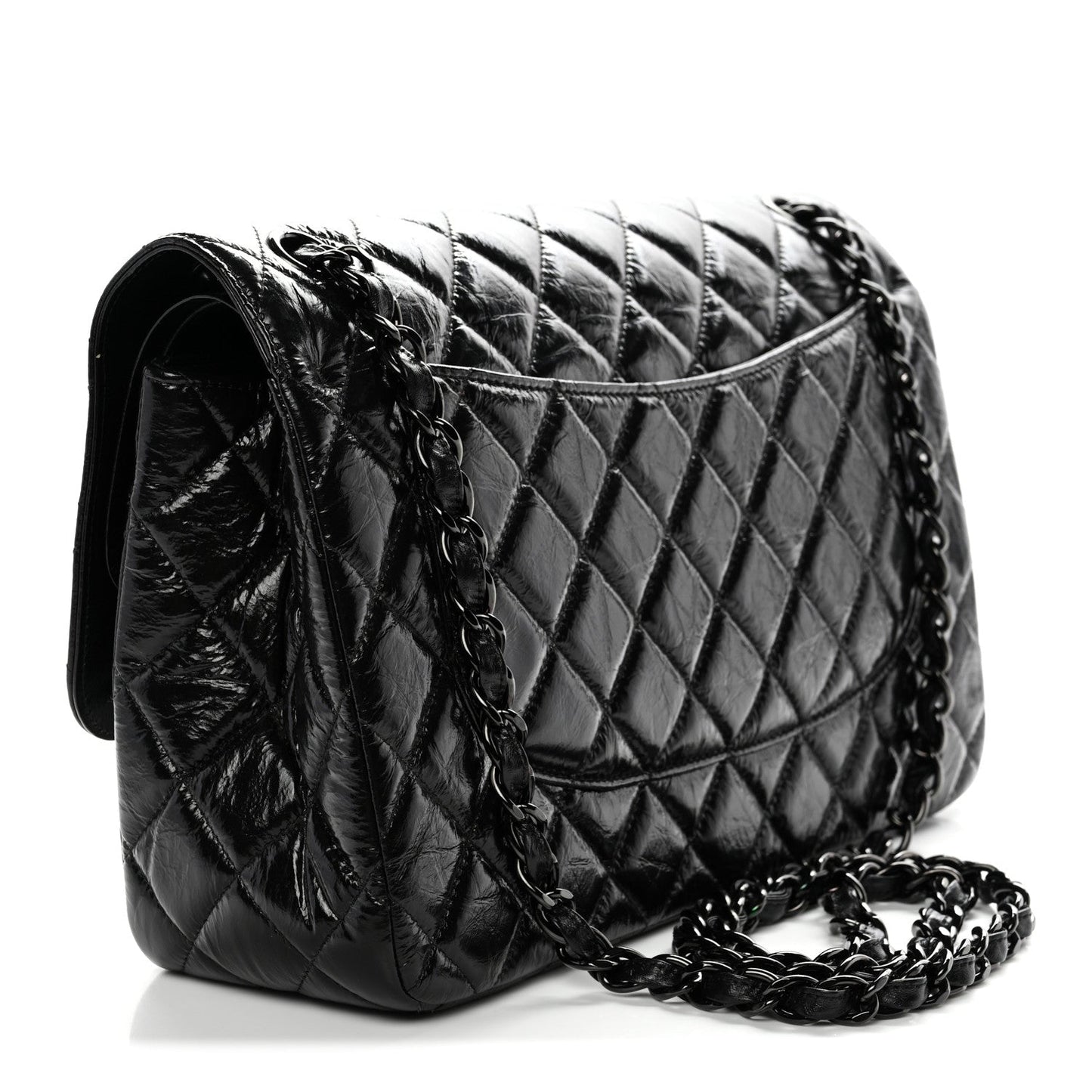Shiny Distressed Calfskin Quilted Jumbo Double Flap So Black