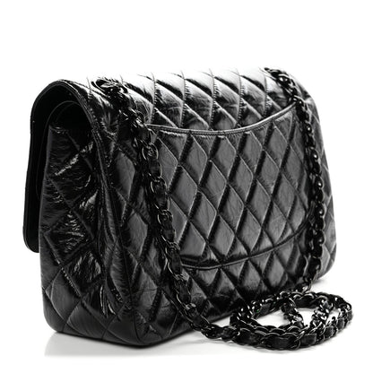 Shiny Distressed Calfskin Quilted Jumbo Double Flap So Black