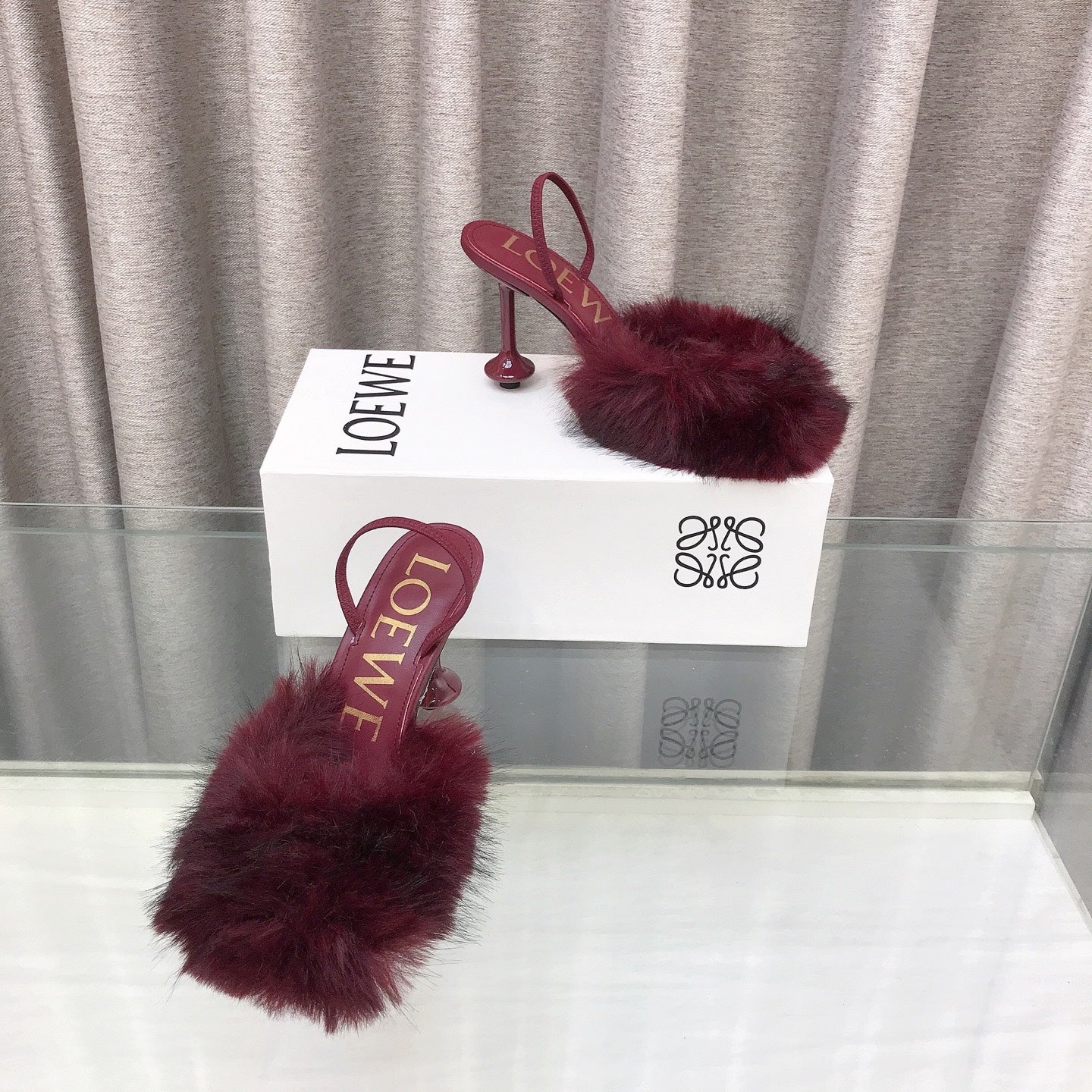 Loewe 25SS Fur-lined Mule 100 Burgundy in Fox Fur 597441