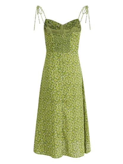 2025 Summer New Green Platycodon Floral Seaside Vacation Wear Suspender Dress R0902