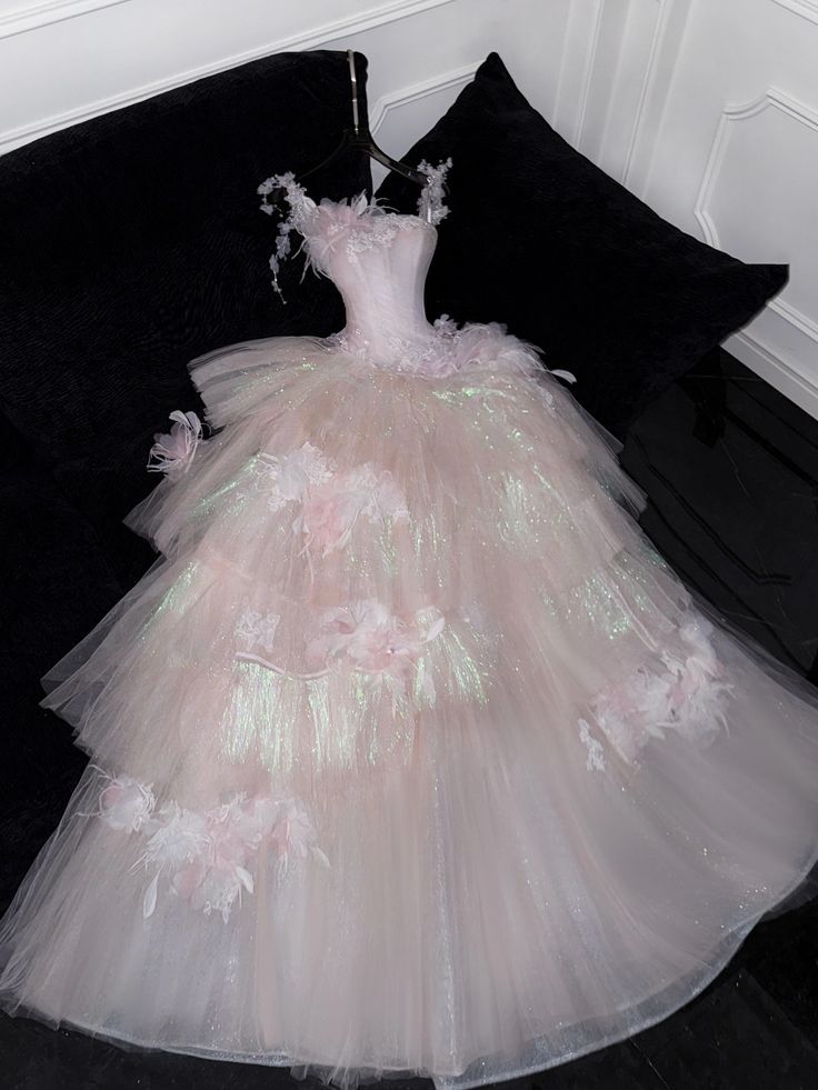 Sweet Ball Gown Spaghetti Straps Pink Tulle Applique Long Prom Dress Formal Dress