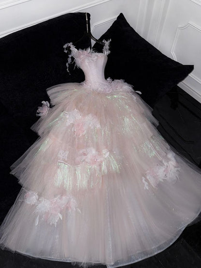 Sweet Ball Gown Spaghetti Straps Pink Tulle Applique Long Prom Dress Formal Dress