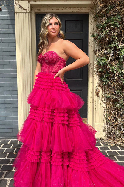 omberprom Fashion A-Line Evening Dress Sweetheart Tiered Long Tulle Prom Dress Charming Evening Party Dress