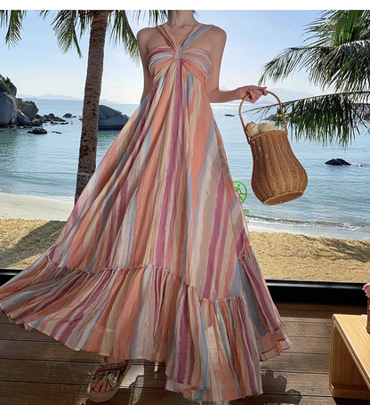 New Rainbow Stripe Design Beach Holiday Casual Halter Dress TP3012