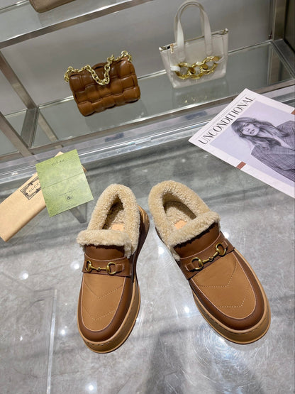 GG Snow Boots Brown Beige Calfskin Wool 576244