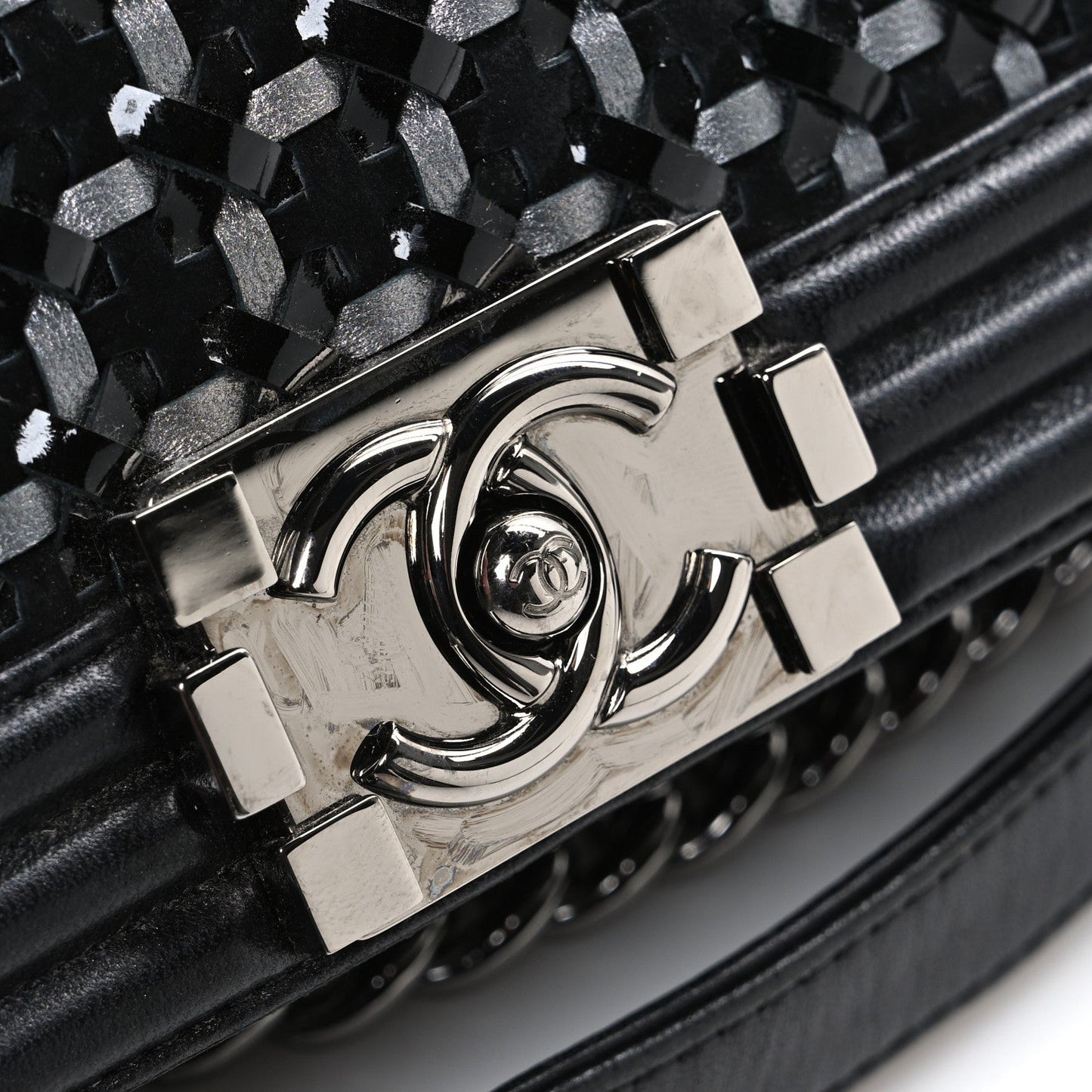 Calfskin Patent Braided Medium Boy Flap Black