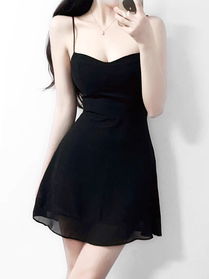 2025 summer new sexy petite pure black slim short suspender dress R0946