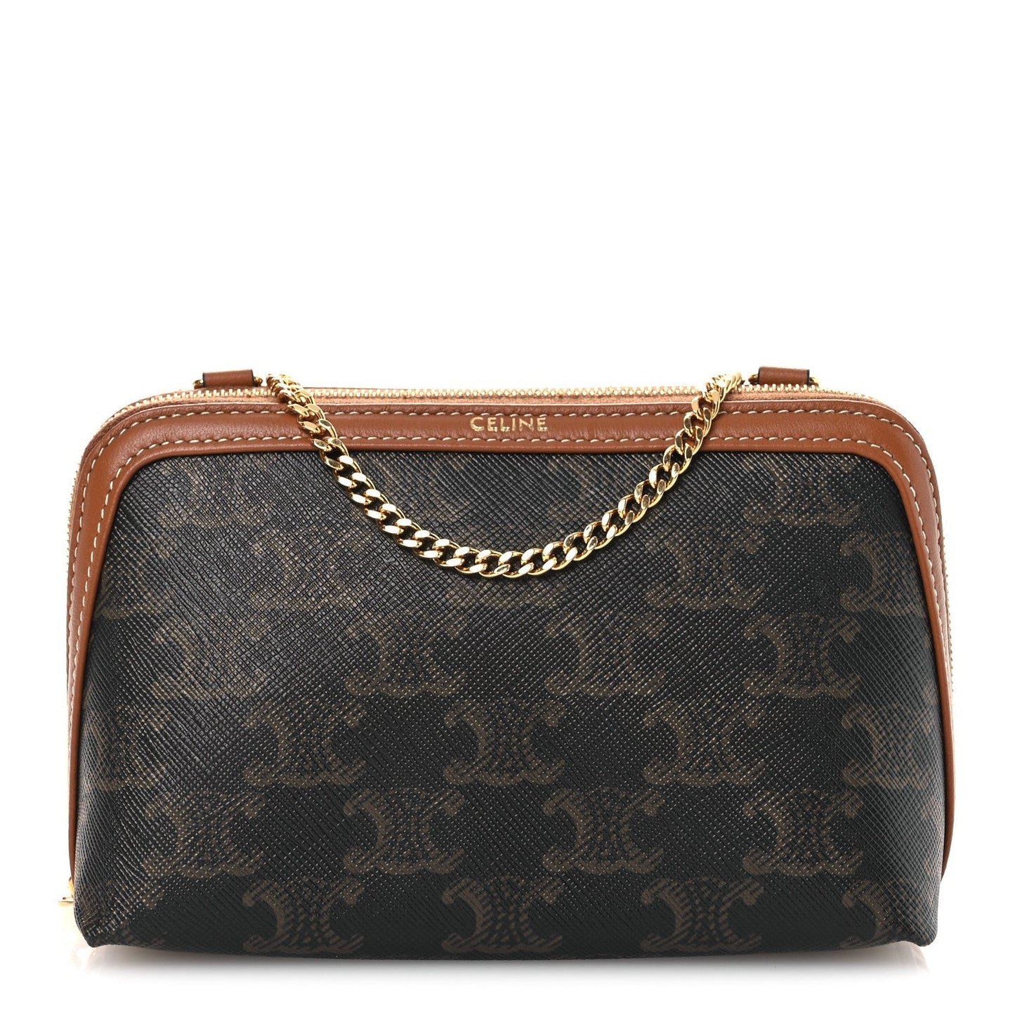 Triomphe Canvas Lambskin Clutch On Chain Tan