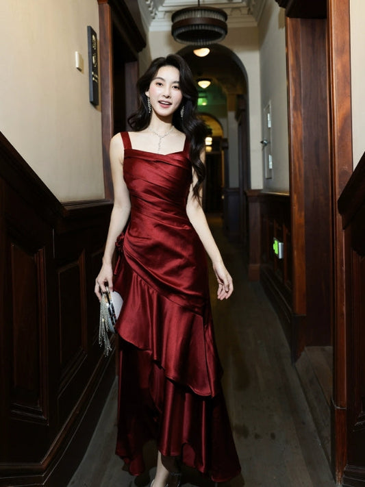 Elegant Burgundy Wedding Guest Outfit Ruffle Party Dresses Long