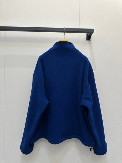 Miu Embroidered Fleece Hooded Zip-Up Jacket Dark Blue Cashmere 346106